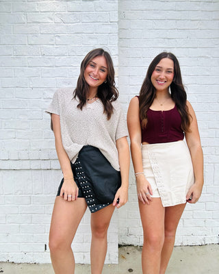 Leather Studded Skort | 2 colors- black leather, BLACK LEATHER SKIRT, black Skort, Bottoms, clothing, cream skort, cream studded skort, faux leather, game, game day, game day skort, game days, gameday, LEATHER, LEATHER SHORTS, leather skirt, LEATHER SKORT, Pleather, skort, wrap skort-Ace of Grace Women's Boutique