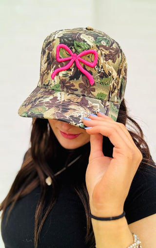 Camo Trucker Hat with Pink Bow- Accessories,accessory,BOW,Bow detail,BOWS,camo,camo hat,Camouflage,cap,hair accessory,hats,HOT PINK,Madelynn,MadelynnGrace,Otto,pink,trucker hat,trucker hats-Ace of Grace Women's Boutique