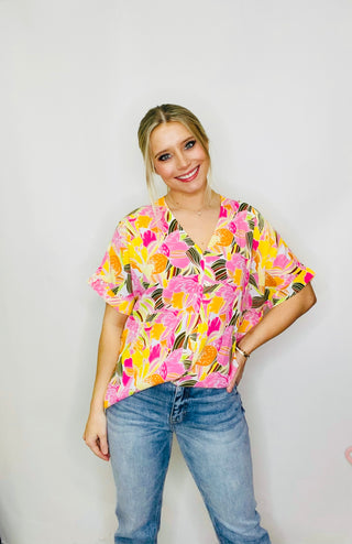 Patterned Floral V Neck Boxy Top- floral, floral pattern, PATTERN, patterns, SPRING, Tops, V NECK, V NECK TOP, work, WORK SHIRT, WORK TOP-Yellow Mix-S-Ace of Grace Women's Boutique