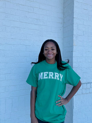 Green Merry Tee- CHRISTMAS,curv,Curvy,merry,MERRY CHRISTMAS,MERRY CHRISTMAS Y’ALL,Seasonal,Tops-Ace of Grace Women's Boutique