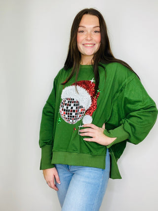 Green Disco Santa Hat Pullover - size small left (oversized)- accessories,CHRISTMAS,Christmas Longsleeve,CHRISTMAS SHIRT,christmas sweatshirt,clothing,outerwear,Seasonal,Tops-Ace of Grace Women's Boutique