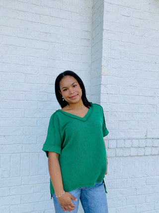 Green Corded V-neck Top- clothing,Curvy,PLUS,plus size,ribbed,Tops-Ace of Grace Women's Boutique