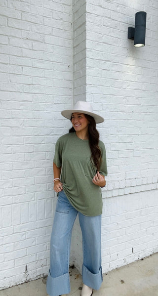 Olive Oversized Boyfriend Tee- Boyfriend, clothing, Curvy, FALL, fall clothes, fall transition, olive, olive top, oversized, OVERSIZED TEE, OVERSIZED TOP, PLUS, plus size, pocket shirt, pockets, Tops-Ace of Grace Women's Boutique