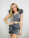 Gunmetal Iridescent Ruffle Skirt- 2 piece set, GRAY, iridescent, MATCHING SET, METALLIC, SET, TWO PIECE SET-Ace of Grace Women's Boutique