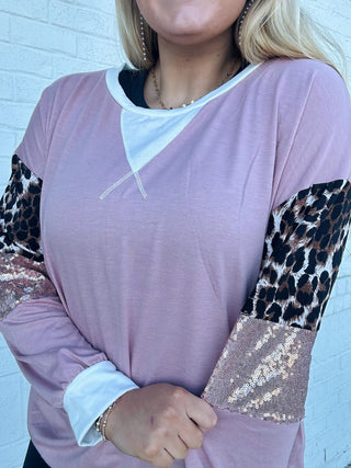 Mauve Leopard Pullover with Sequin accents- CHEETAH,CHEETAH PRINT,Curvy,LEOPARD,SEQUIN,Tops-Ace of Grace Women's Boutique