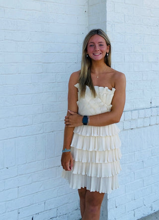 Cream Layered Pleated Ruffle Mini Dress- Bachelorette, BRIDE DRESS, church dress, cream dress, dress, dresses & rompers, Dressy, flowy dress, game day dress, GRADUATION, GRADUATION DRESS, layered dress, mini dress, Pref dress, recruitment, ruched dress, RUFFLED DRESS, RUSH, Sale, tiered dress, wedding, WHITE GRADUATION DRESS-Ace of Grace Women's Boutique