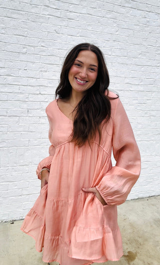 Soft Crinkled Long Sleeve Dress- BLUSH, church dress, clothing, colorful dress, dress, dresses & rompers, Dressy, dressy shorts, flowy dress, LONG SLEEVE, long sleeves, mini dress, pink dress, ruched dress, RUFFLED DRESS, SILK DRESS, WOMENS DRESS-Ace of Grace Women's Boutique