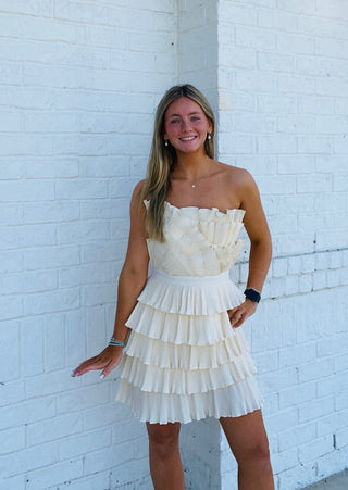 Cream Layered Pleated Ruffle Mini Dress- Bachelorette, BRIDE DRESS, church dress, cream dress, dress, dresses & rompers, Dressy, flowy dress, game day dress, GRADUATION, GRADUATION DRESS, layered dress, mini dress, Pref dress, recruitment, ruched dress, RUFFLED DRESS, RUSH, Sale, tiered dress, wedding, WHITE GRADUATION DRESS-Ace of Grace Women's Boutique