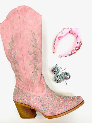 Pink Iridescent Rhinestone Tall Cowgirl Boot- BOOTS, cowboy boots, cowgirl boots, pink boots, pink cowgirl boots, Shoes-Ace of Grace Women's Boutique