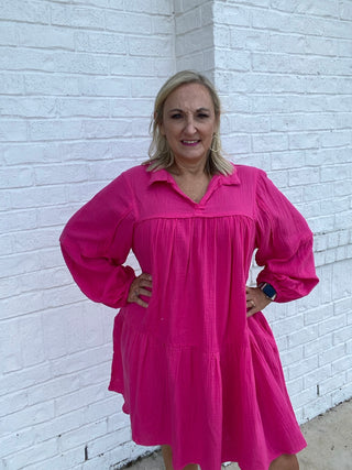 Hot Pink V-Neck Tiered Dress- clothing,dresses & rompers,Guaze,HOT PINK-Ace of Grace Women's Boutique