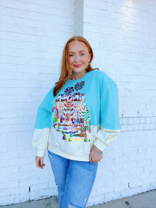 Queen of Sparkles Gingerbread House Sweatshirt- candy cane queen, clothing, Curvy, Gingerbread, holiday, HOLIDAYS, QUEEN, queen of sparkles, QUEEN OF SPARKLES PLUS SIZE, QUEEN OF SPARKLES SWEATER, QUEEN OF SPARKLES TEE, QUEEN OF SPARKLES TSHIRT, Seasonal, SEQUIN, sequin dress, sequin top, SEQUINS, sparkle season, Tops-Ace of Grace Women's Boutique