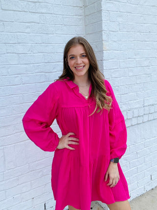 Hot Pink V-Neck Tiered Dress- clothing,dresses & rompers,Guaze,HOT PINK-Ace of Grace Women's Boutique