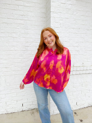 Fuschia Abstract Print Top- clothing, Curvy, LONG SLEEVE, long sleeve top, long sleeves, longsleeve, Peasant, pink long sleeve, PLUS, plus size, PLUS SIZE TOP, plus size valentine, Seasonal, Tops, VALENTINE, valentine plus size, VALENTINES, VALENTINES TOP-Ace of Grace Women's Boutique