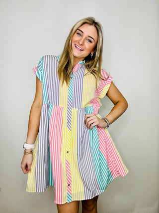 Lemon Colorful Striped Button Up Dress- BUTTON UP DRESS, clothing, dress, dresses & rompers, Easter, Gender reveal, SPRING, striped dress-Ace of Grace Women's Boutique