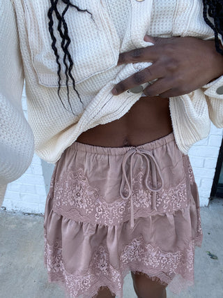 Satin Lace Mini Skirt- Bottoms, BROWN, clothing, fall skirt, game day skort, layered skirt, metallic skort, Mini skirt, mocha, ruffle skort, ruffled bottoms, ruffled skirt, satin skirt, satin skort, sequin skort, skirt, skort-Ace of Grace Women's Boutique