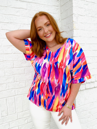 Multicolor Feather V-neck Top- Curvy, Perfect for work, summer work top, Tops, work, Work tank, WORK TOP-Ace of Grace Women's Boutique