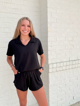 Black Collared Two Piece Set- 2 piece set,active set,Bottoms,clothing,COZY SET,Curvy,MATCHING,MATCHING SET,Matxh,PLUS,plus size,Sets,Tops-Ace of Grace Women's Boutique