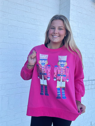 Hot Pink Sequin Nutcracker Sweatshirt- 10 FUNCTION FLASHLIGHT,CHRISTMAS,Curvy,nutcracker,Seasonal,SEQUIN,Tops-Ace of Grace Women's Boutique