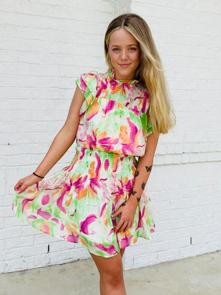 Pink & Green Floral Dress- beach dress, church dress, clothing, colorful dress, dress, dresses & rompers, Dressy, Easter dress, GREEN DRESS, HOT PINK DRESS, mini dress, MULTI COLORED DRESS, ORANGE DRESS, pink dress, rainbow dress, ruched dress, SMOCKED, smocking, tiered dress-Ace of Grace Women's Boutique