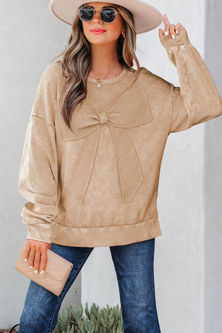 Beige Mineral Wash Bow Pullover-Tops/Sweatshirts & Hoodies- All In Stock,Best In Stock,BOW,Bow detail,BOWS,clothing,Color Brown,Craft Applique,Craft Washed,Curvy,Detail Bow,Occasion Daily,Season Fall & Autumn,Style Western,Tops-Ace of Grace Women's Boutique