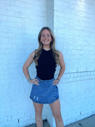 Denim Wrap Mini Skirt- BLUE DENIM,Bottoms,denim,denim color,denim skirt,denim skort,LIGHT DENIM,Mini skirt,wrap skort-Ace of Grace Women's Boutique