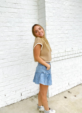 Bubble Hem Denim Skirt- BLUE DENIM,Bottoms,clothing,denim,denim color,denim shorts,denim skirt,denim skort,fall skirt,LIGHT DENIM,LIGHT DENIM SHORTS,Mini skirt,ruffle skort,ruffled skirt,skirt-Ace of Grace Women's Boutique