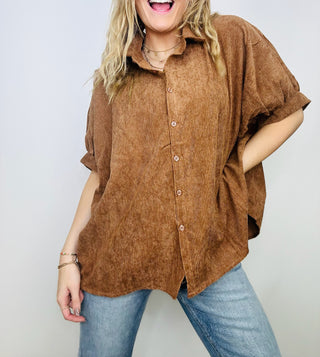 Brownie Corduroy Button Down Top- BROWN, clothing, Corded, Corduroy, FALL, fall clothes, fall transition, ribbed, RIBBED TOP, Tops, work, WORK SHIRT, WORK TOP-Ace of Grace Women's Boutique