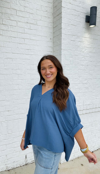 Blue V-neck Puff Sleeve Top- blue, blue top, clothing, Curvy, FALL, fall clothes, fall transition, loose fit, Perfect for work, PUFF, PUFF SLEEVE, puff sleeves, Tops, work, WORK SHIRT, WORK TOP-Ace of Grace Women's Boutique