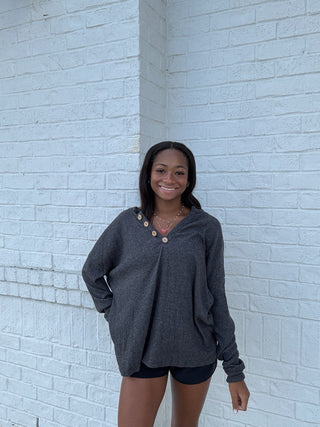 Charcoal Ribbed Button Henley Top- Curvy,FALL,fall clothes,fall transition,Henley,ribbed,Tops-Ace of Grace Women's Boutique