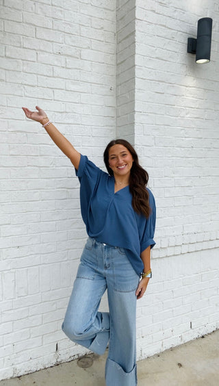 Blue V-neck Puff Sleeve Top- blue, blue top, clothing, Curvy, FALL, fall clothes, fall transition, loose fit, Perfect for work, PUFF, PUFF SLEEVE, puff sleeves, Tops, work, WORK SHIRT, WORK TOP-Ace of Grace Women's Boutique