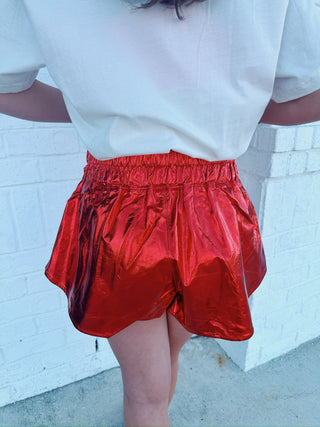 Red Leather Metallic High Waisted Smocked Shorts- VALENTINE, valentine shorts, VALENTINES-Ace of Grace Women's Boutique