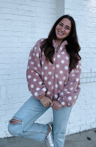 Pink Polka Dot Sherpa Jacket- Coat,CREAM JACKET,FUZZY JACKET,JACKET,outerwear,POLKA DOTS,puffer jacket,Sale,sherpa jacket,SOFT,Teddy,Tops-Ace of Grace Women's Boutique