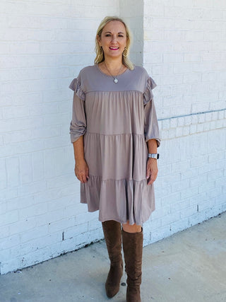 Tiered Ruffle Detail Dress - Mocha- colorful dress,Curvy,dress,dresses & rompers,Dressy,Midi Dress,plus dress,plus size dress,teacher-Ace of Grace Women's Boutique