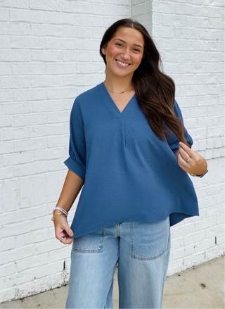 Blue V-neck Puff Sleeve Top- blue,blue top,clothing,Curvy,FALL,fall clothes,fall transition,loose fit,Perfect for work,PUFF,PUFF SLEEVE,puff sleeves,Tops,work,WORK SHIRT,WORK TOP-Ace of Grace Women's Boutique