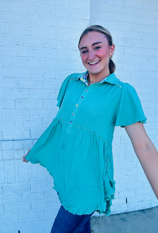 Green Washed Linen Contrast Detailed Top- clothing, emerald green, GREEN, green top, kelly green, LIME GREEN, Patrick's, Seasonal, st. paddy's, ST. PATRICK'S DAY, Tops-Ace of Grace Women's Boutique