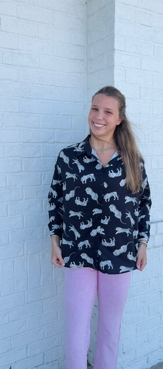 Black Button Up Tiger Long Sleeve- Sale,Tops-Ace of Grace Women's Boutique