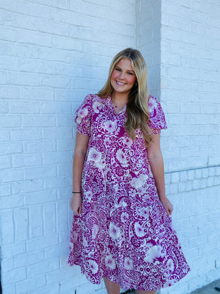 Magenta Whimsy Floral Dress- Curvy,dresses & rompers,Easter,Easter dress,floral,floral dress,floral print,florals,Midi Dress,paisley,PLUS,plus dress,plus size-Ace of Grace Women's Boutique