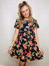 Navy Short Sleeve Midi Length Floral Dress- church dress, colorful dress, dress, floral dress, flowy dress, plus size, plus size dress-Ace of Grace Women's Boutique