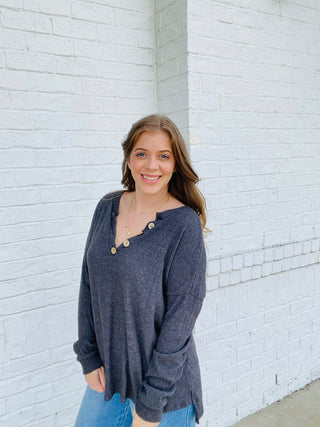Charcoal Ribbed Button Henley Top- Curvy,FALL,fall clothes,fall transition,Henley,ribbed,Tops-Ace of Grace Women's Boutique