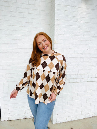 Long Sleeve Argyle Top- Argyle, brown top, clothing, Curvy, FALL, fall clothes, fall transition, LONG SLEEVE, long sleeve top, long sleeves, mama top, mocha top, mom top, Multi top, PLUS SIZE TOP, Tops-Ace of Grace Women's Boutique