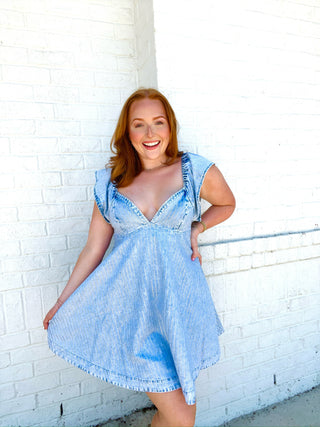 Ruffle Embellished Denim Dress- concert, country concert, DATE NIGHT, denim, denim color, DENIM DRESS, dresses & rompers, game, game day, game day dress, game days, gameday, LIGHT DENIM-Ace of Grace Women's Boutique