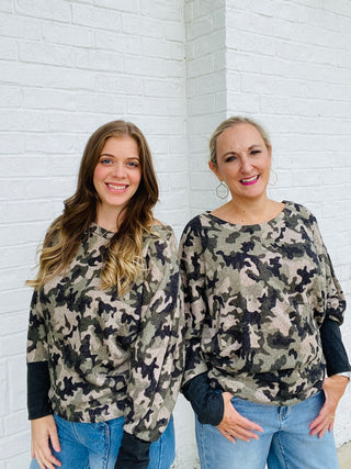 Camouflage Top with Contrast Cuffs & Thumb Opening- camo,camo shirt,camo top,Camouflage,Curvy,fuzzy sweater,PLUS,plus size,plus size graphic tee,plus size sweatshirt,PLUS SIZE TEE,PLUS SIZE TOP,plus sizes,plus sweatshirt,SWEATER,sweater top,Tops-Ace of Grace Women's Boutique