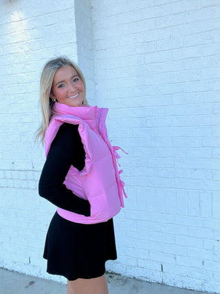 Pink Ruffle Puffer Vest- BOW,Bow detail,BOWS,clothing,HOT PINK,hot pink puffer,hot pink puffer jacket,LIGHT PINK,outerwear,pink,puffer vest,RUFFLE,ruffle set,ruffle sleeves,RUFFLE TOP,ruffled,RUFFLES,Sale,SWEATER VEST,Tops,VEST-Ace of Grace Women's Boutique