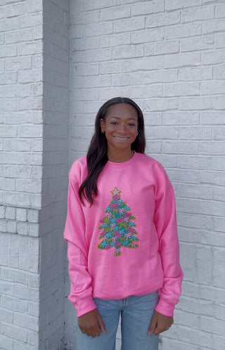 Neon Pink Faux Yarn Christmas Tree Sweatshirt- CHRISTMAS,CHRISTMAS CHEER,christmas sweatshirt,Christmas tee,christmas top,Christmas tshirt,Curvy,MERRY CHRISTMAS,PLUS,Seasonal,Tops-Ace of Grace Women's Boutique