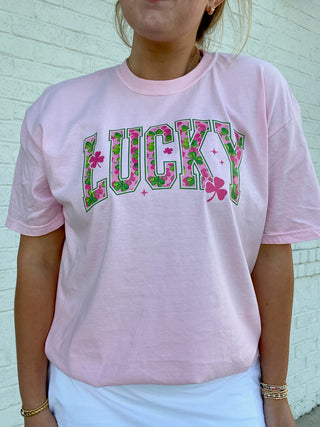 Pink Lucky Clover Tee- clover,COMFORT COLOR,Comfortable,COMFY,Curvy,FOUR LEAF CLOVER,GREEN,Green shirt,lucky,pink,Seasonal,Tops-Ace of Grace Women's Boutique