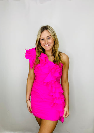 Classic One Shoulder Ruffle Dress | 3 colors- clothing, dress, Dresses & Rompers, Dressy, GREEN DRESS, layered dress, ruched dress, summer dress, tiered dress, tube dress-Neon Pink-S-Ace of Grace Women's Boutique