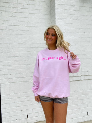 MADELYNN GRACE | I’m Just a Girl Sweatshirt- comfy sweatshirt, Curvy, MadelynnGrace, oversized sweatshirt, pink sweatshirt, plus size sweatshirt, plus sweatshirt, sweatshirt, SWEATSHIRTS, Tops-Ace of Grace Women's Boutique