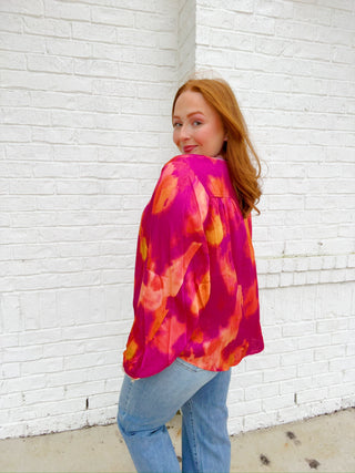 Fuschia Abstract Print Top- clothing,Curvy,LONG SLEEVE,long sleeve top,long sleeves,longsleeve,Peasant,pink long sleeve,PLUS,plus size,PLUS SIZE TOP,plus size valentine,Seasonal,Tops,VALENTINE,valentine plus size,VALENTINES,VALENTINES TOP-Ace of Grace Women's Boutique