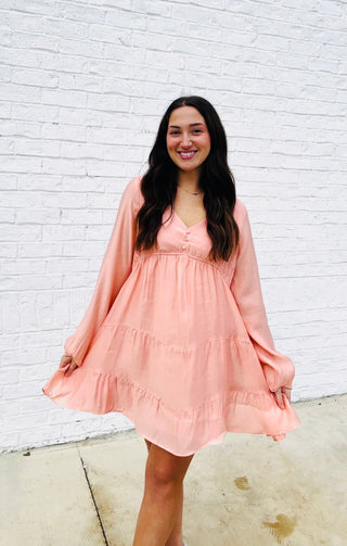 Soft Crinkled Long Sleeve Dress- BLUSH, church dress, clothing, colorful dress, dress, dresses & rompers, Dressy, dressy shorts, flowy dress, LONG SLEEVE, long sleeves, mini dress, pink dress, ruched dress, RUFFLED DRESS, SILK DRESS, WOMENS DRESS-Ace of Grace Women's Boutique