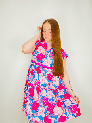 Pink Floral Dress with Ric Rac Trim- Curvy,dresses & rompers,Easter,Easter dress,floral,floral dress,floral pattern,floral print,florals,PLUS,Ric rac,SPRING,Spring dress-Ace of Grace Women's Boutique